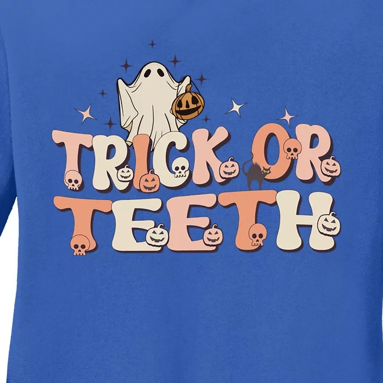 Trick Or Teeth Halloween Retro Spooky Dental Assistant Gift Ladies Long Sleeve Shirt