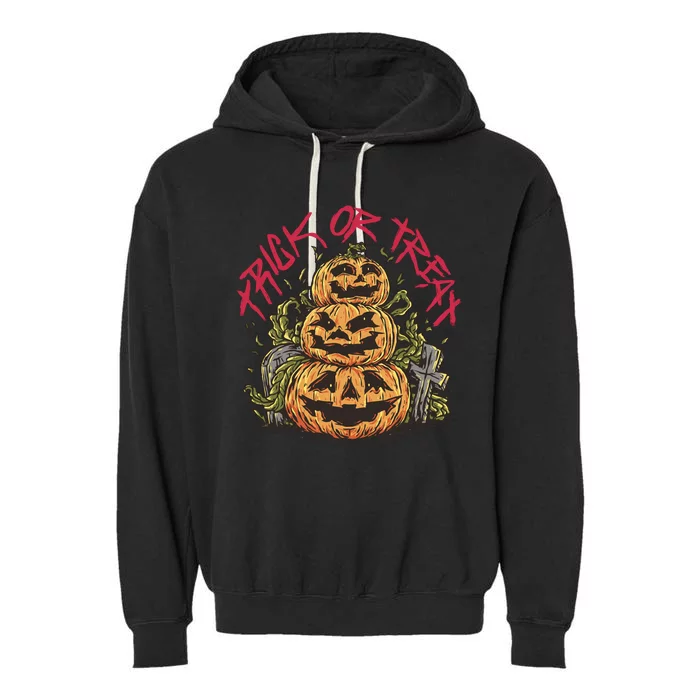 Trick Or Treat Three Pumpkin Design Garment-Dyed Fleece Hoodie