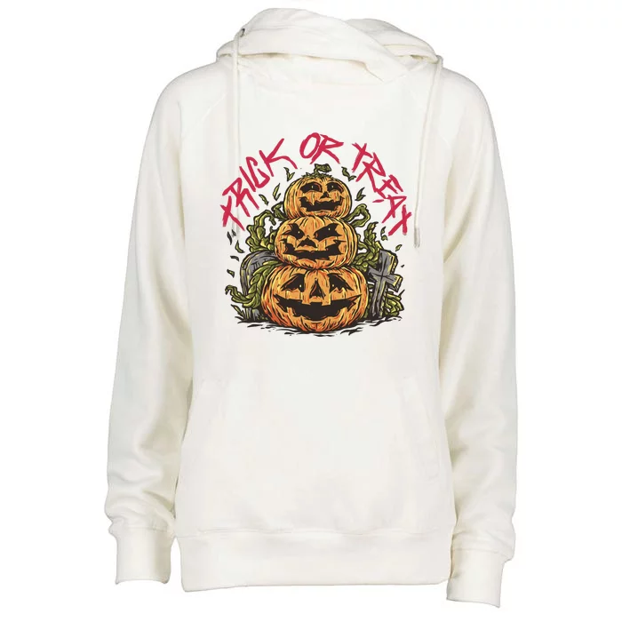 Trick Or Treat Three Pumpkin Design Womens Funnel Neck Pullover Hood