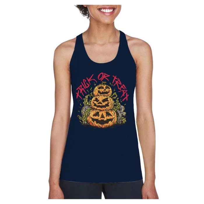 Trick Or Treat Three Pumpkin Design Women's Racerback Tank