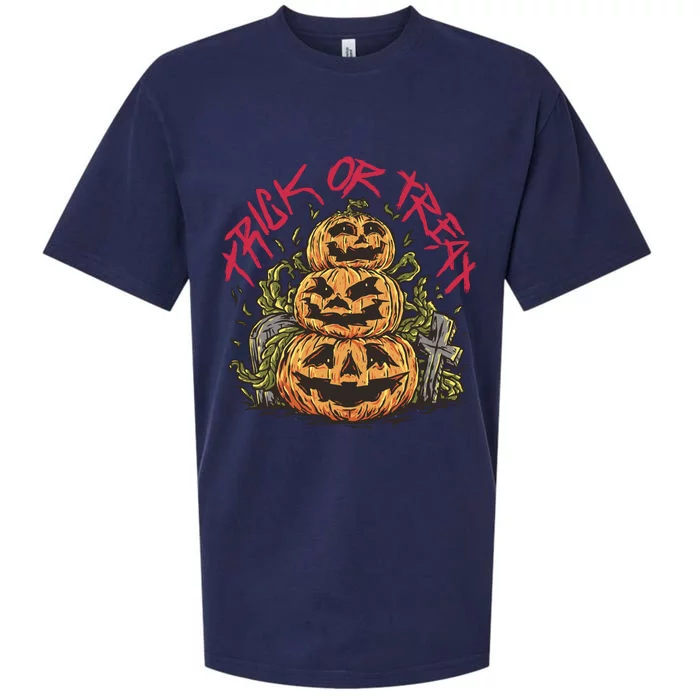 Trick Or Treat Three Pumpkin Design Sueded Cloud Jersey T-Shirt