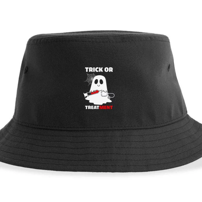 Trick Or Treatment Ghost Funny Rn Nursing Doctor Halloween Sustainable Bucket Hat