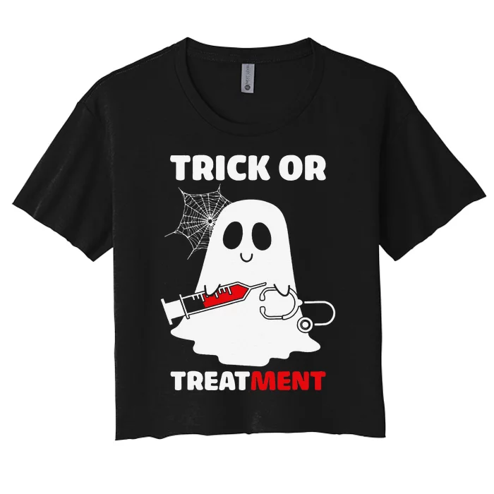 Trick Or Treatment Ghost Funny Rn Nursing Doctor Halloween Women's Crop Top Tee