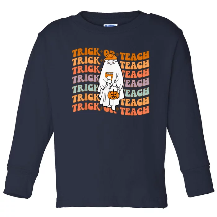 Trick or Teach Teacher Groovy Retro Ghost Halloween Costumes Toddler Long Sleeve Shirt