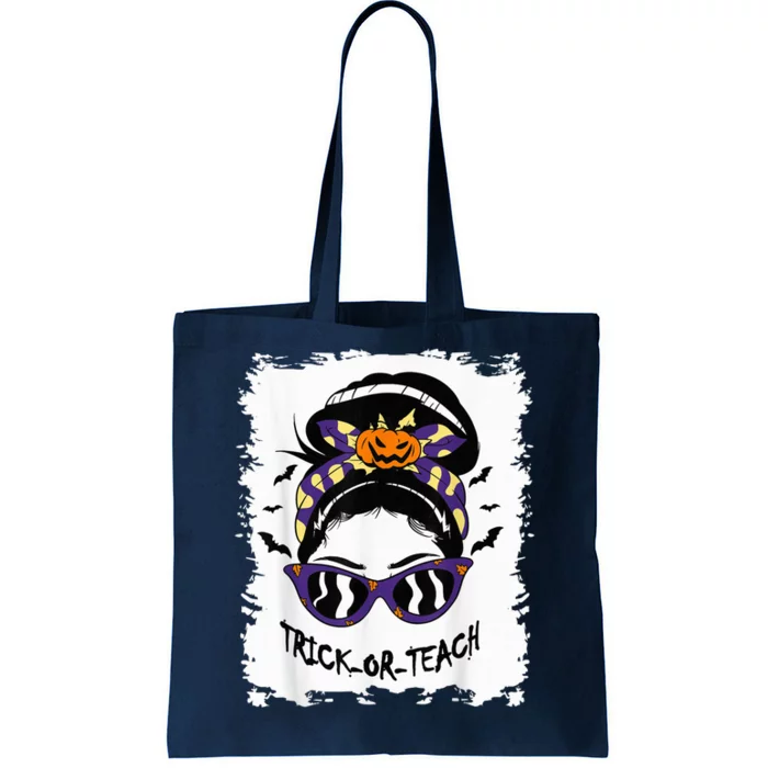 Trick or Teach Cute Halloween Teacher Messy Bun Retro Shades Tote Bag