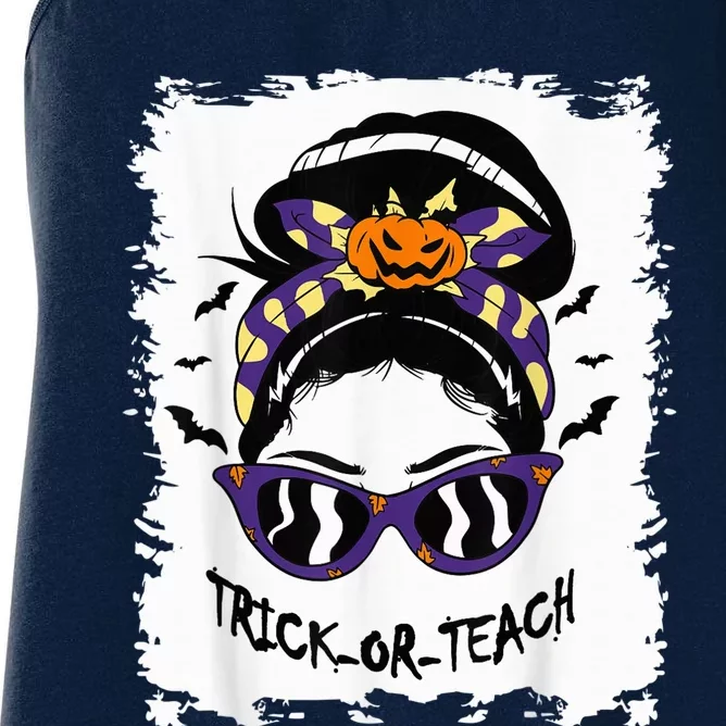 Trick or Teach Cute Halloween Teacher Messy Bun Retro Shades Women's Racerback Tank