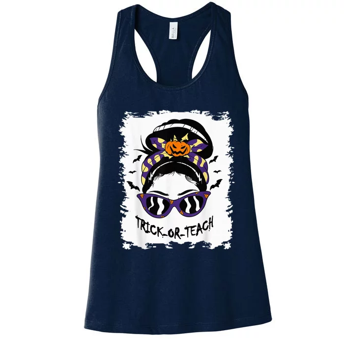 Trick or Teach Cute Halloween Teacher Messy Bun Retro Shades Women's Racerback Tank