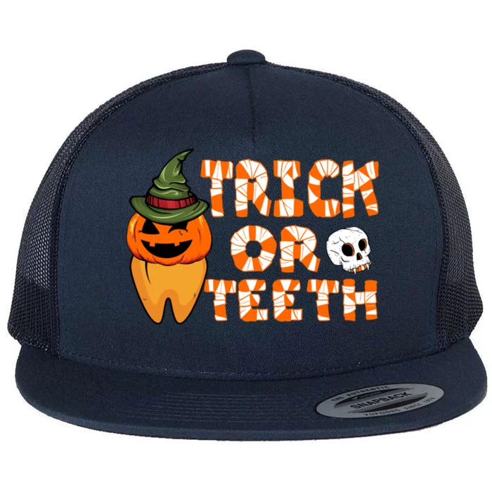 Trick Or Teeth Funny Dentist Halloween Dental Squad Gift Flat Bill Trucker Hat