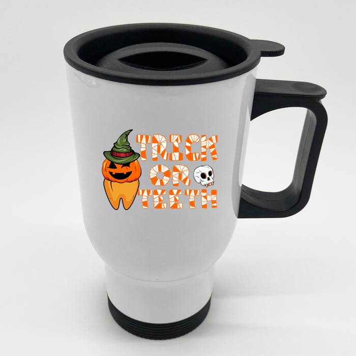 Trick Or Teeth Funny Dentist Halloween Dental Squad Gift Front & Back Stainless Steel Travel Mug