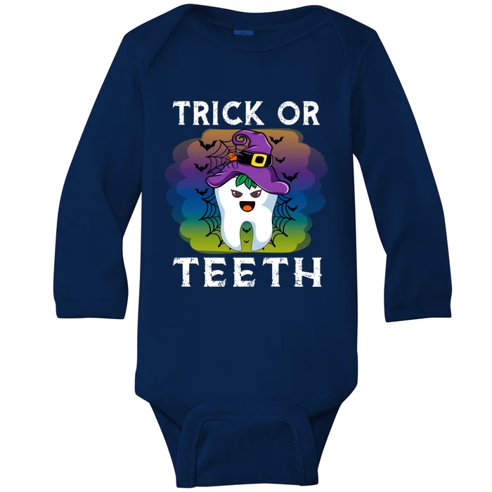 Trick Or Teeth Funny Dentist Halloween Dental Squad Gift Baby Long Sleeve Bodysuit