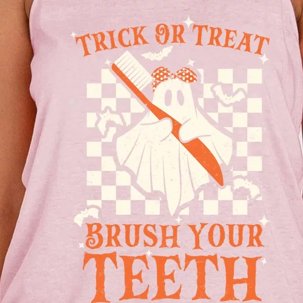 Trick Or Treat Brush Your Teeth Dentist Halloween Costume Funny Gift Women's Knotted Racerback Tank