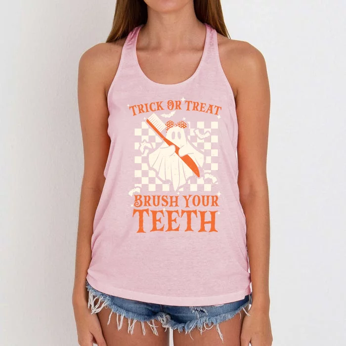 Trick Or Treat Brush Your Teeth Dentist Halloween Costume Funny Gift Women's Knotted Racerback Tank