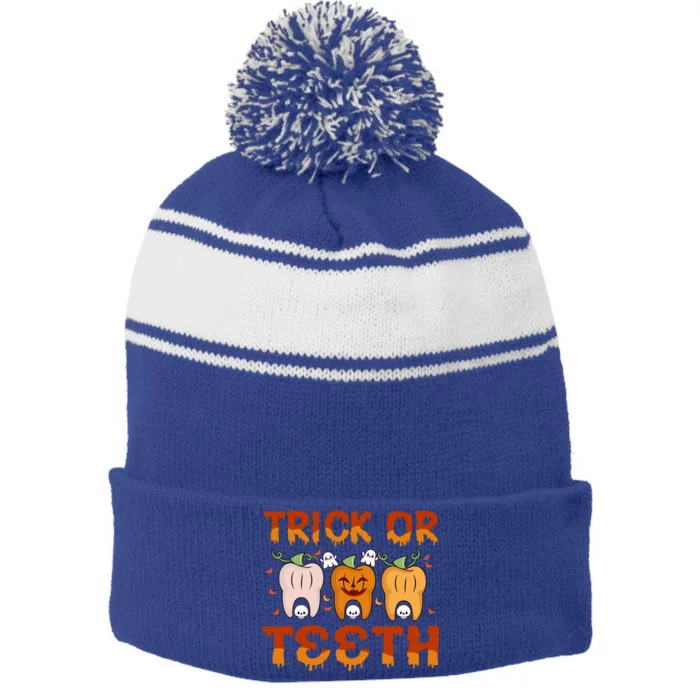 Trick Or Teeth Funny Dentist Halloween Dental Squad Cute Gift Stripe Pom Pom Beanie