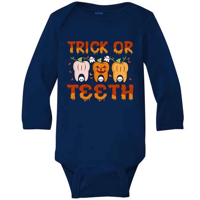 Trick Or Teeth Funny Dentist Halloween Dental Squad Cute Gift Baby Long Sleeve Bodysuit