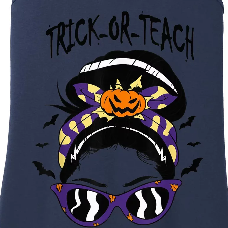 Trick or Teach Cute Halloween Teacher Messy Bun Retro Shades Ladies Essential Tank