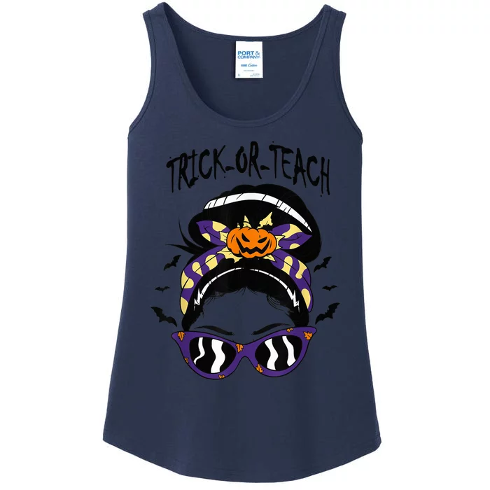 Trick or Teach Cute Halloween Teacher Messy Bun Retro Shades Ladies Essential Tank