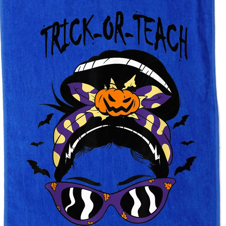 Trick or Teach Cute Halloween Teacher Messy Bun Retro Shades Platinum Collection Golf Towel