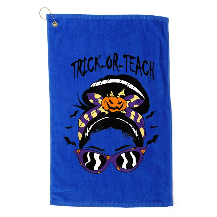 Trick or Teach Cute Halloween Teacher Messy Bun Retro Shades Platinum Collection Golf Towel