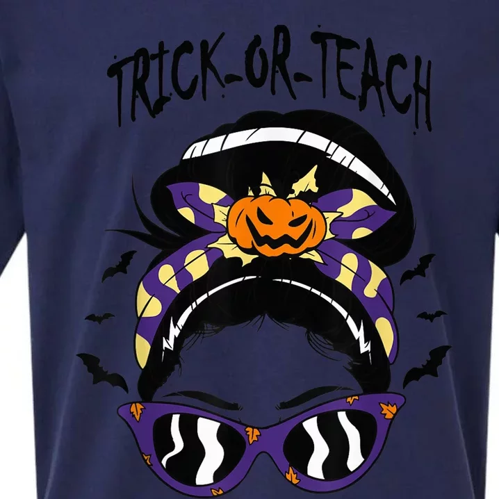 Trick or Teach Cute Halloween Teacher Messy Bun Retro Shades Sueded Cloud Jersey T-Shirt