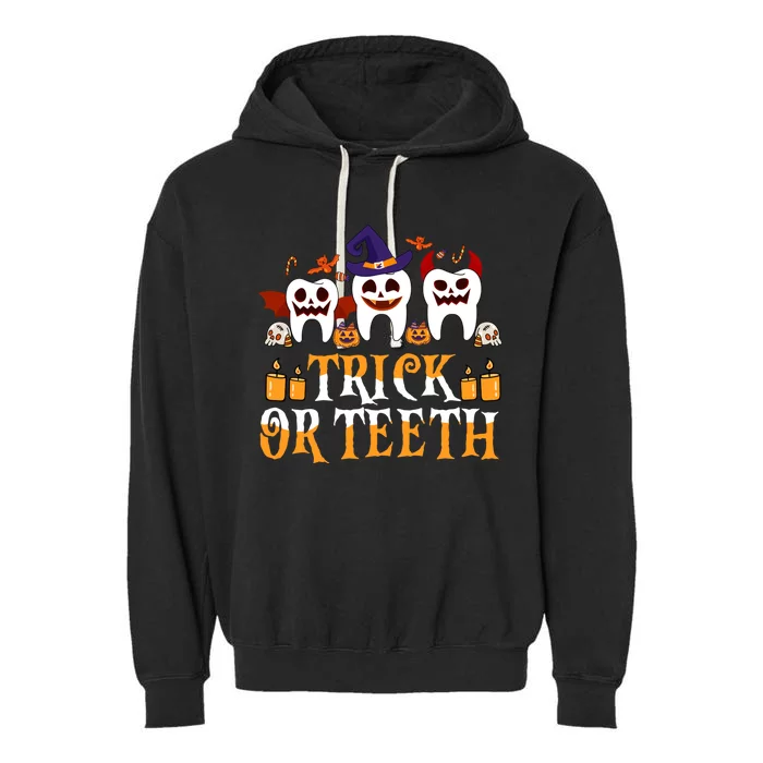 Trick Or Teeth Funny Dentist Halloween Dental Squad Funny Gift Garment-Dyed Fleece Hoodie