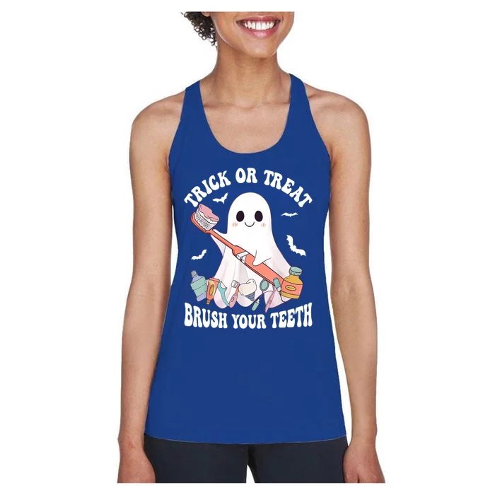 Trick Or Treat Brush Your Teeth Dentist Pun Halloween Dental Gift Women's Racerback Tank