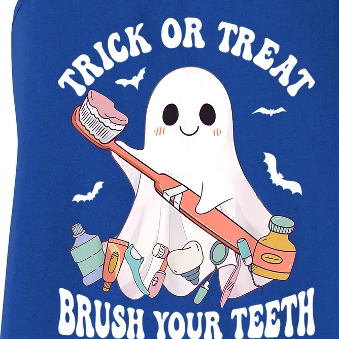 Trick Or Treat Brush Your Teeth Dentist Pun Halloween Dental Gift Women's Racerback Tank