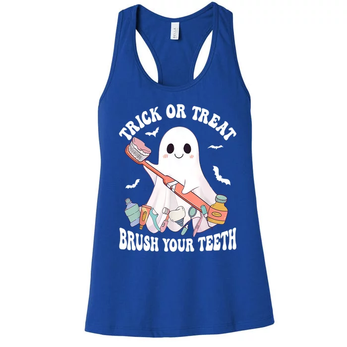 Trick Or Treat Brush Your Teeth Dentist Pun Halloween Dental Gift Women's Racerback Tank