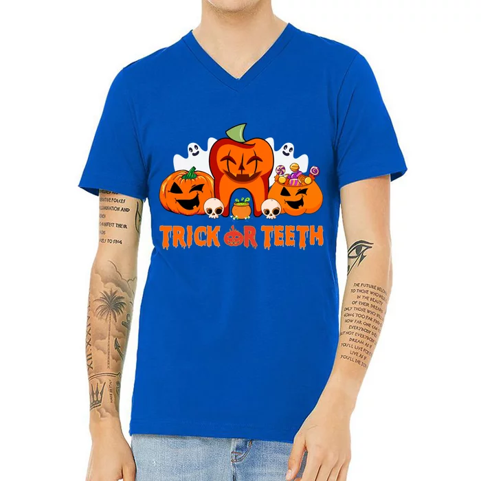 Trick Or Teeth Funny Dentist Halloween Dental Squad Great Gift V-Neck T-Shirt