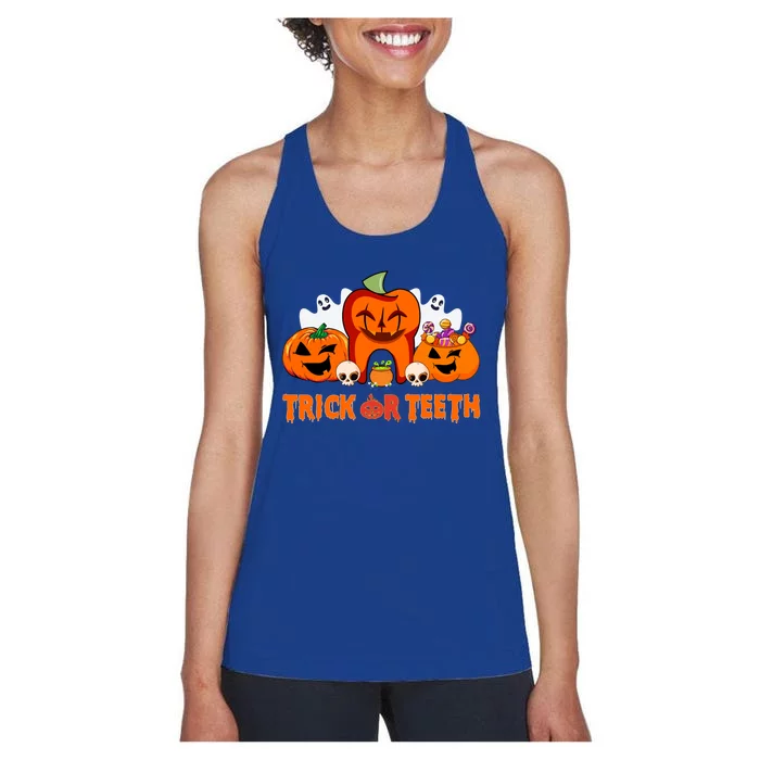 Trick Or Teeth Funny Dentist Halloween Dental Squad Great Gift Women's Racerback Tank