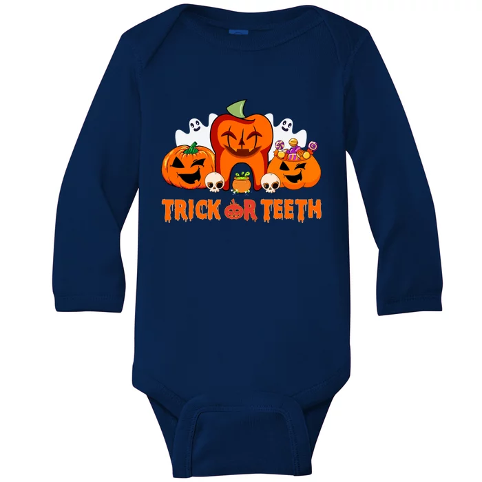 Trick Or Teeth Funny Dentist Halloween Dental Squad Great Gift Baby Long Sleeve Bodysuit