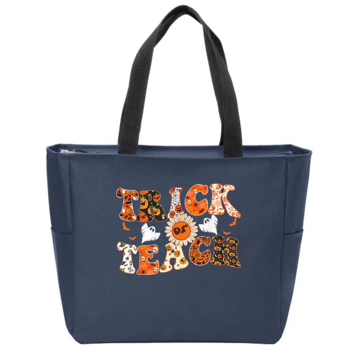 Trick or Teach Floral Groovy Halloween Teacher Retro Ghost Zip Tote Bag