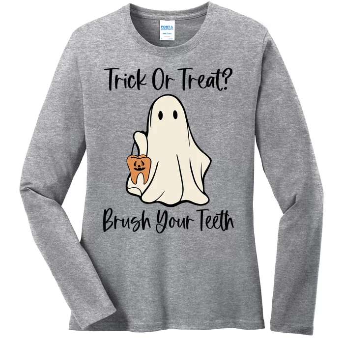 Trick Or Treat Brush Your Teeth Halloween Dentist Dental Gift Ladies Long Sleeve Shirt