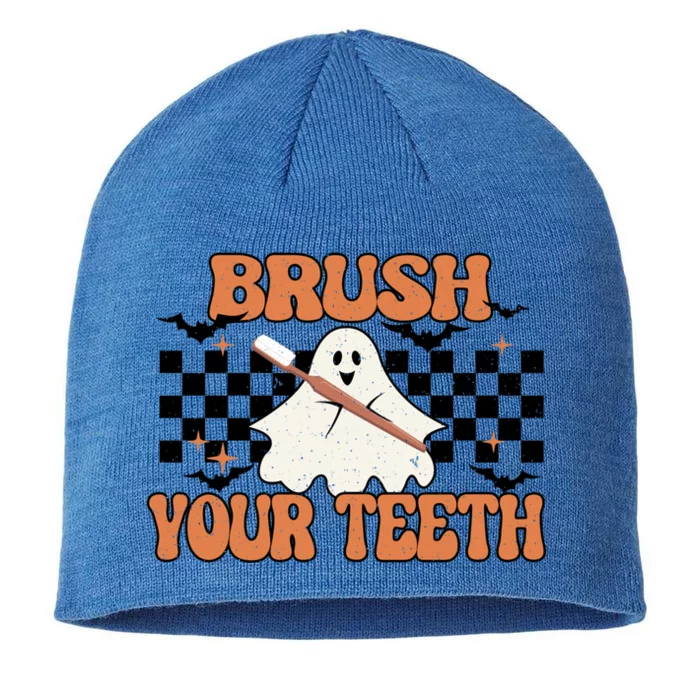 Trick Or Treat Brush Your Teeth Dental Squad Retro Halloween Cool Gift 8 1/2in Sustainable Knit Beanie