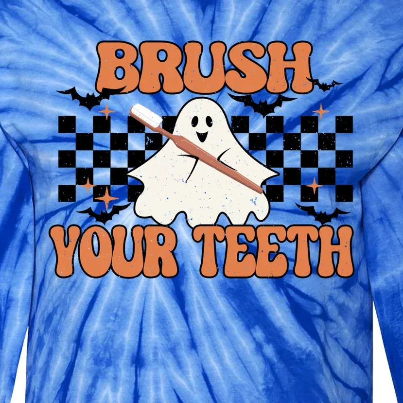 Trick Or Treat Brush Your Teeth Dental Squad Retro Halloween Cool Gift Tie-Dye Long Sleeve Shirt