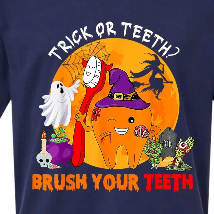 Trick Or Teeth Brush Your Teeth Halloween Tooth As Zombie Gift Sueded Cloud Jersey T-Shirt