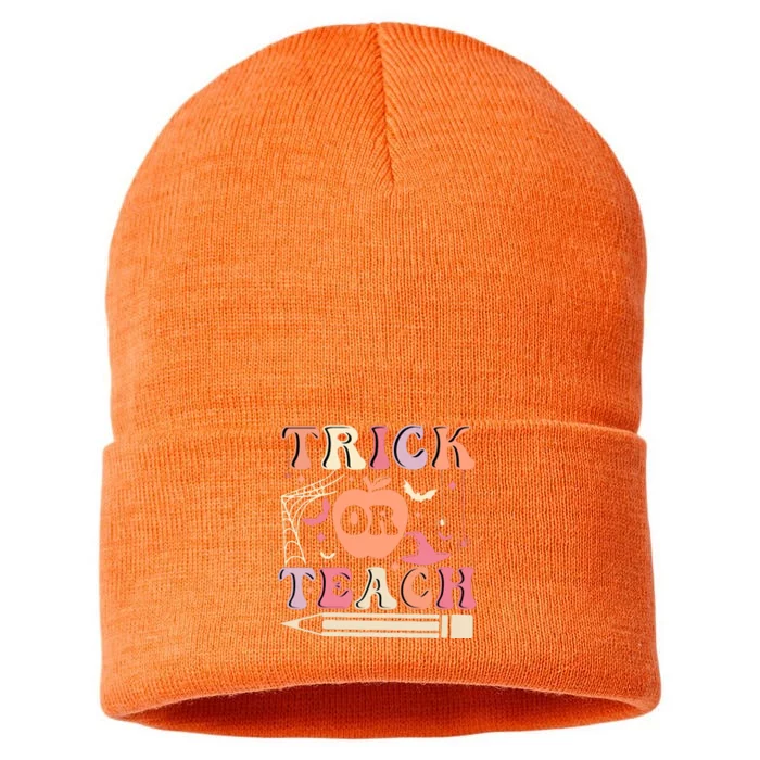 Trick Or Teach Funny Teacher Halloween Sustainable Knit Beanie