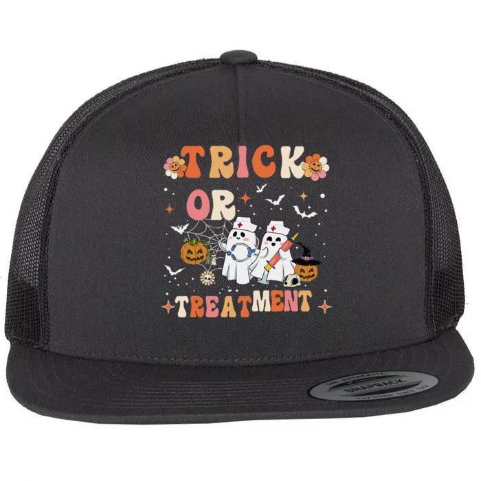 Trick Or Treatment Cute Ghost Paramedic Halloween Nurse Flat Bill Trucker Hat