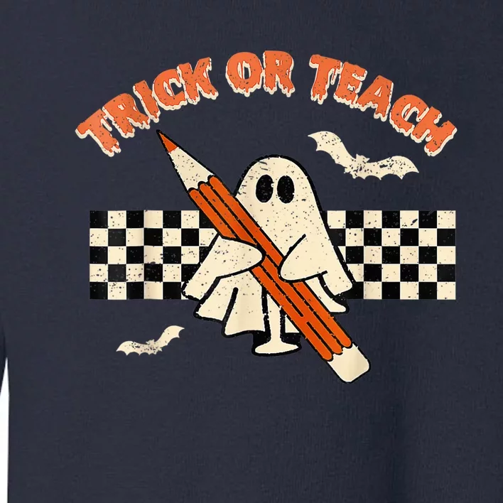 Trick Or Teach Groovy Floral Ghost Retro Teacher Halloween Toddler Sweatshirt