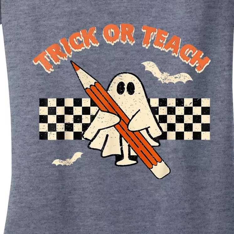 Trick Or Teach Groovy Floral Ghost Retro Teacher Halloween Women's V-Neck T-Shirt