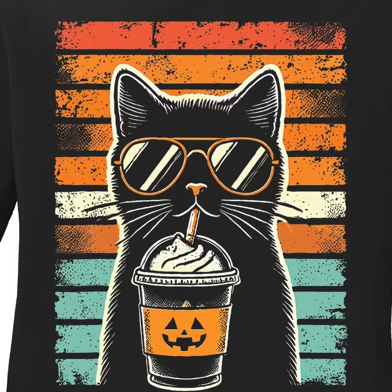 Trick Or Treat Black Cat Hipster Halloween Black Cat Ladies Long Sleeve Shirt