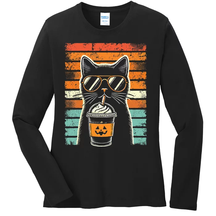 Trick Or Treat Black Cat Hipster Halloween Black Cat Ladies Long Sleeve Shirt