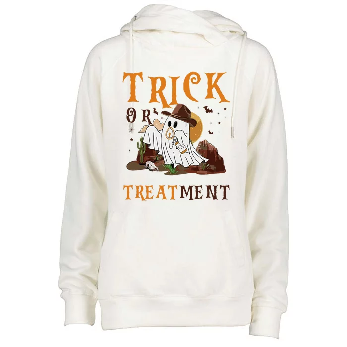 Trick Or Treatment Western Respiratory Therapist Halloween Womens Funnel Neck Pullover Hood