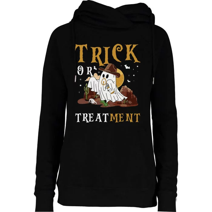 Trick Or Treatment Western Respiratory Therapist Halloween Womens Funnel Neck Pullover Hood