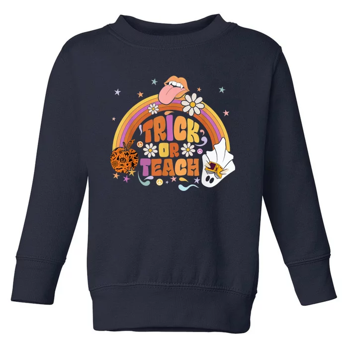 Trick or Teach Floral Groovy Halloween Teacher Retro Ghost Toddler Sweatshirt