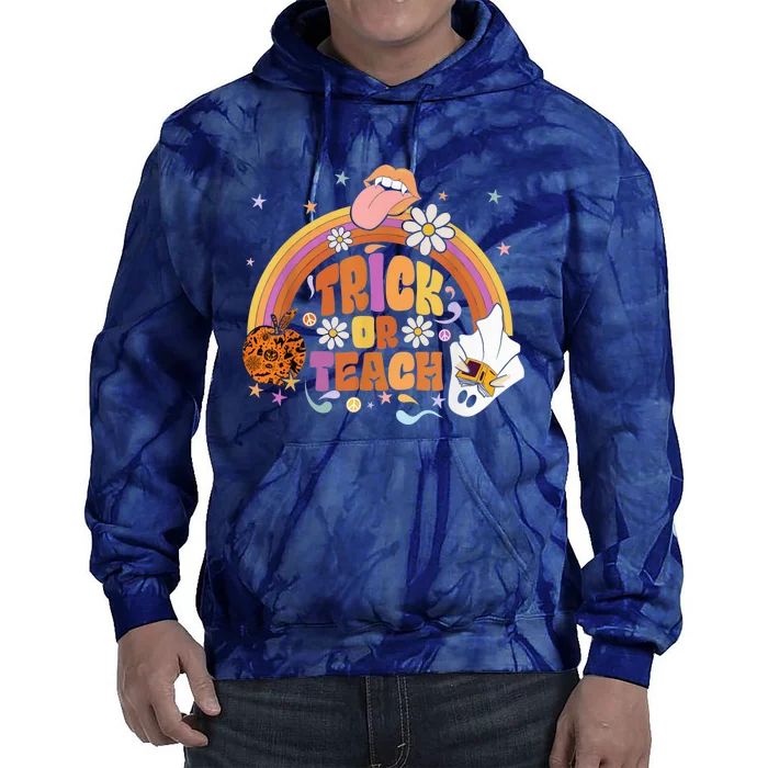 Trick or Teach Floral Groovy Halloween Teacher Retro Ghost Tie Dye Hoodie