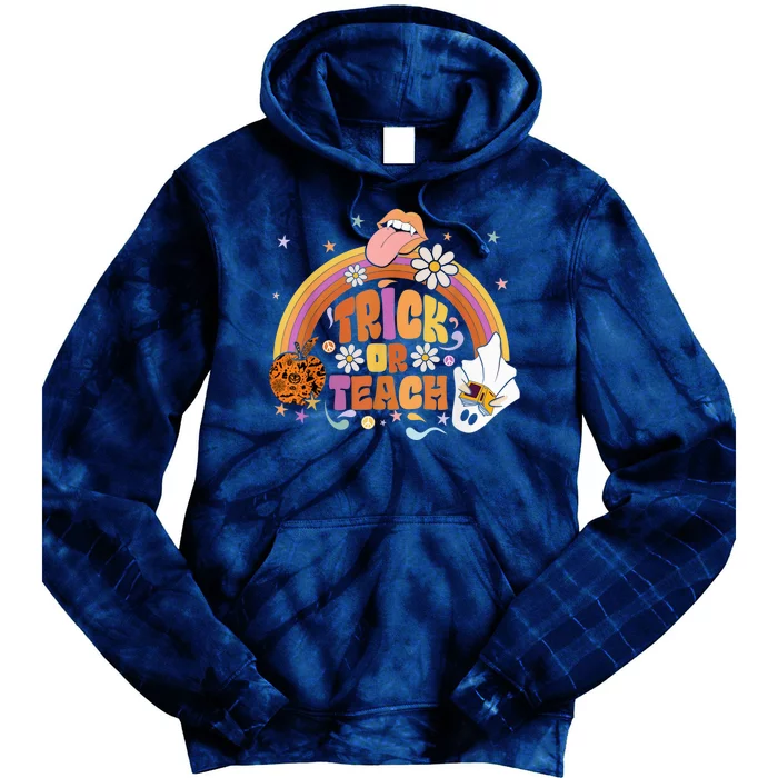 Trick or Teach Floral Groovy Halloween Teacher Retro Ghost Tie Dye Hoodie