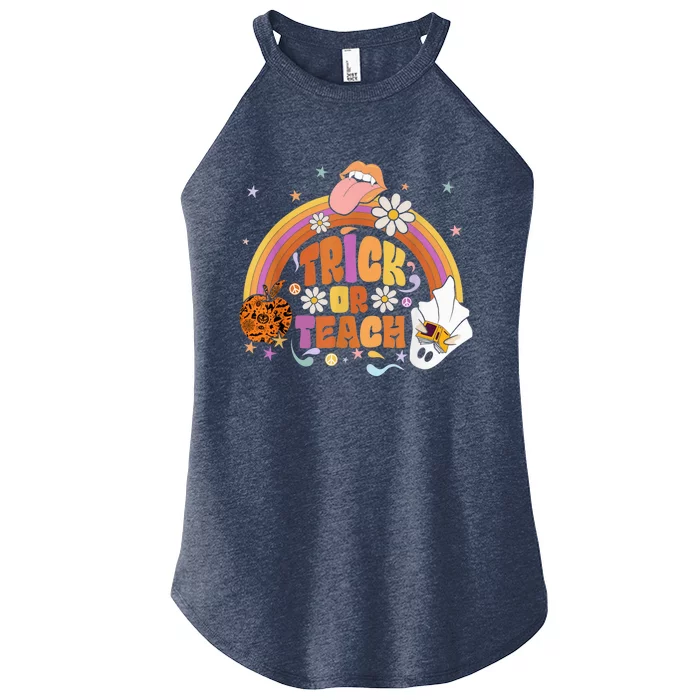 Trick or Teach Floral Groovy Halloween Teacher Retro Ghost Women’s Perfect Tri Rocker Tank