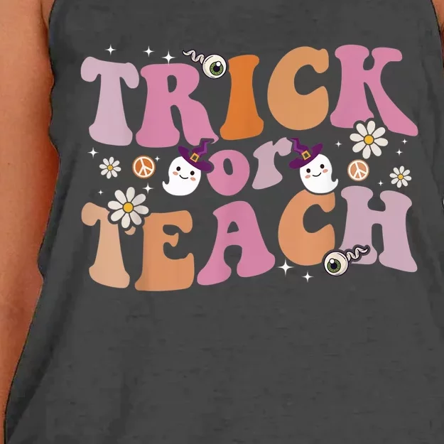 Trick or Teach Floral Groovy Halloween Teacher Retro Ghost Women's Knotted Racerback Tank