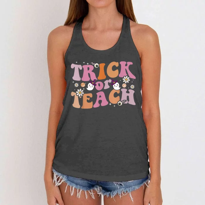 Trick or Teach Floral Groovy Halloween Teacher Retro Ghost Women's Knotted Racerback Tank