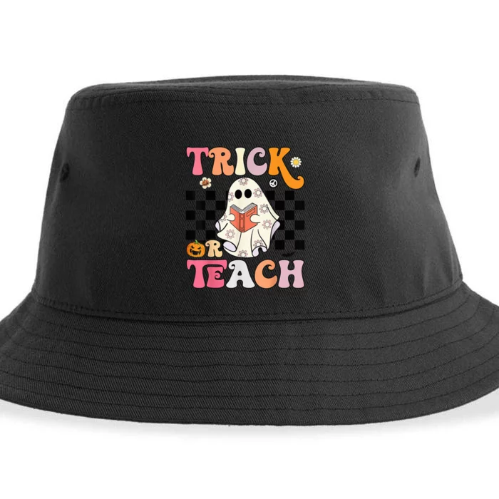 Trick or Teach Groovy Halloween Retro Floral Ghost Teacher Sustainable Bucket Hat